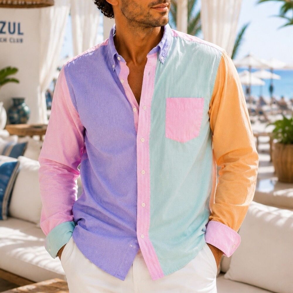 J Crew Secret Wash Shirt Mens XL Colorblock Organic Cotton Button Down Coastal